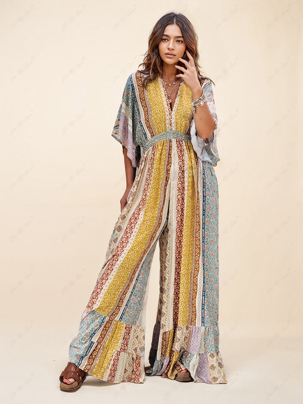 Retro Floral Flare Sleeve Pocketed Loose Wide Leg Jumpsuit