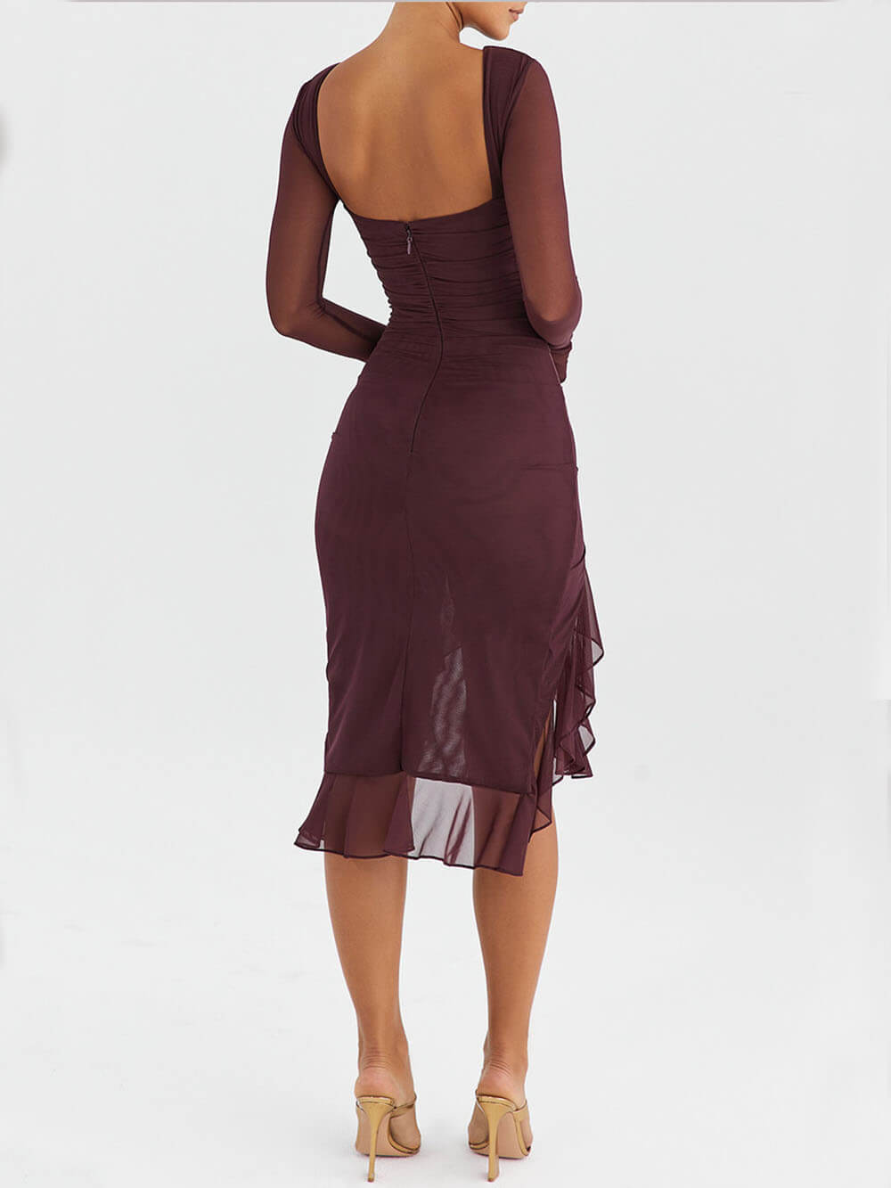 Wine Ruffle Midi Dress