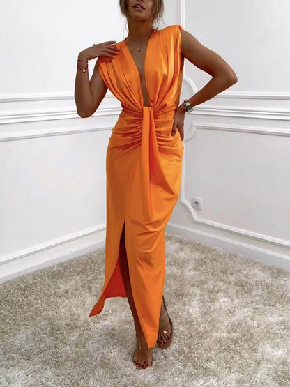 Classic V-Neck Ruched Drape Slit Midi Dress