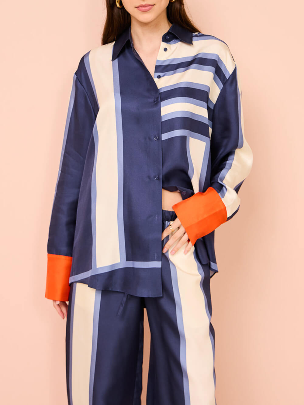 Exquisite Unique Striped Print Patchwork Kutton Oversized Blouse