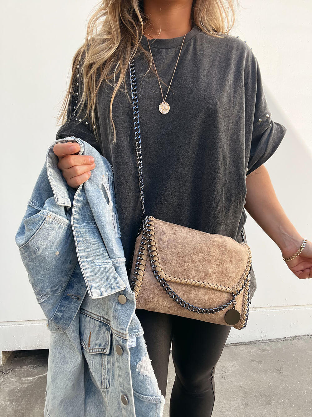 Roll Up Sleeve Studded Oversized Tee