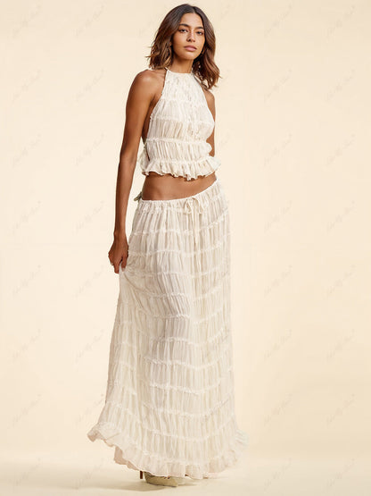 Charm Pleated Drawstring Waist Tiered Maxi Skirt