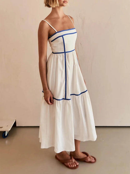 Contrast Color Trim Adjustable Straps Midi Dress