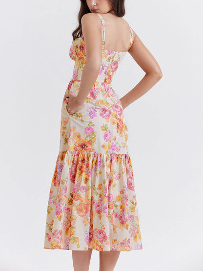 Strap A-Hem Floral Midi Dress