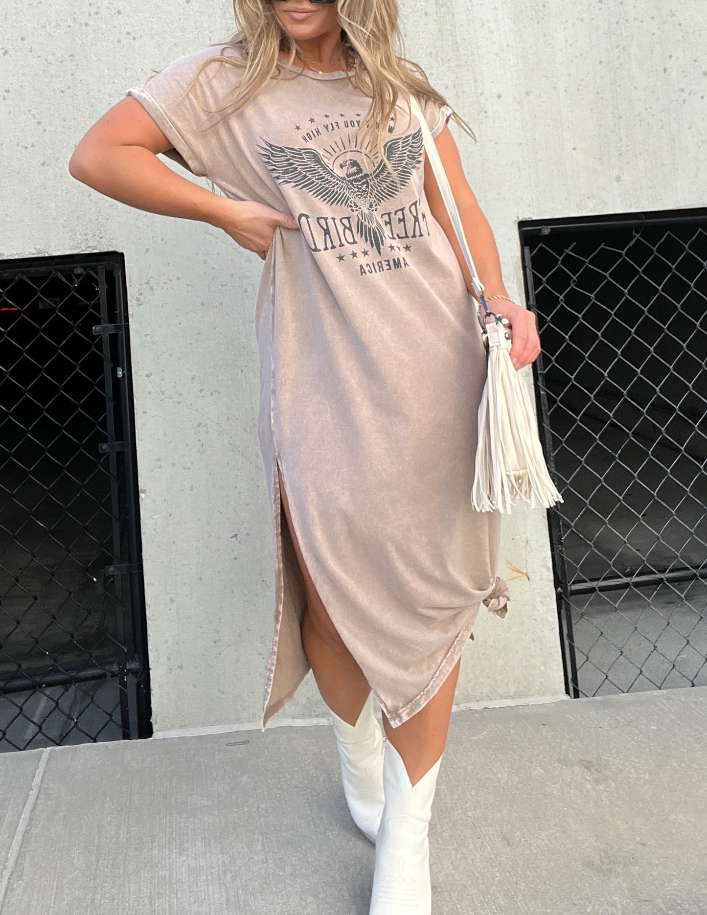 Free Bird Graphic Midi Dress Taupe