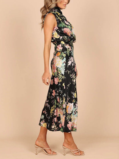 Floral Halter Neck Elastic Waist Maxi Dress