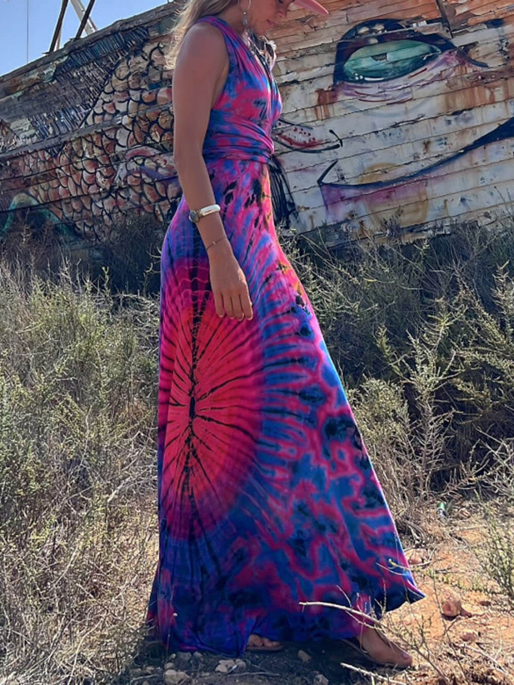 Printed Sleeveless V-Neck Maxi Dress