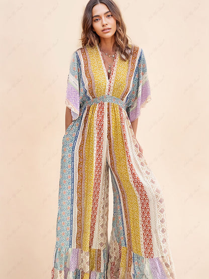 Retro Floral Flare Sleeve Pocketed Loose Wide Leg Jumpsuit