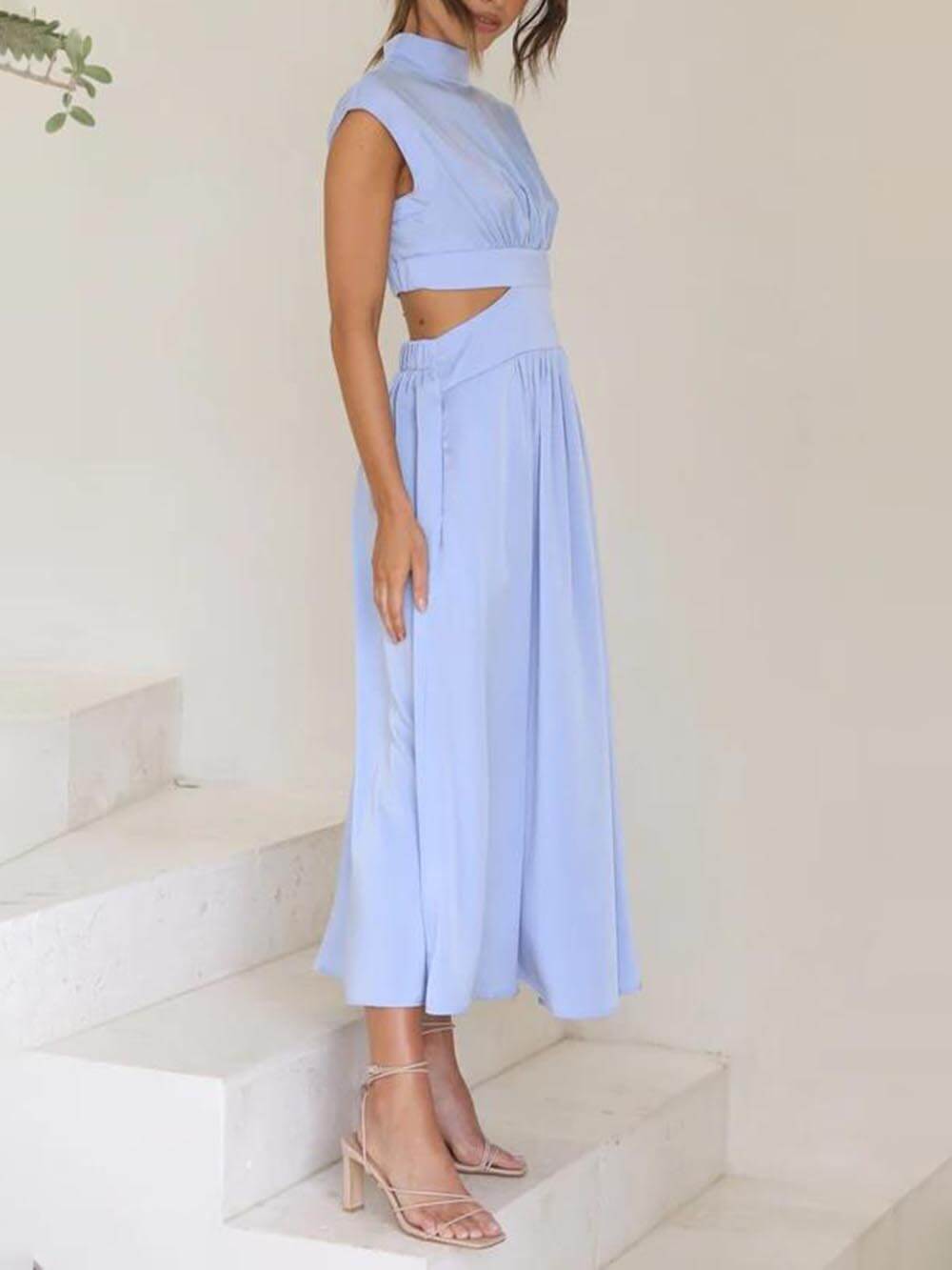 Cutout Waist Pocketed Vacation Midi Dress