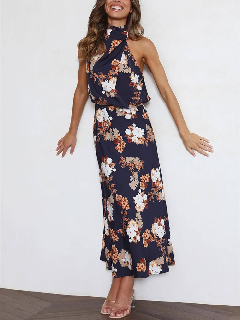 Floral Halter Neck Elastic Waist Maxi Dress