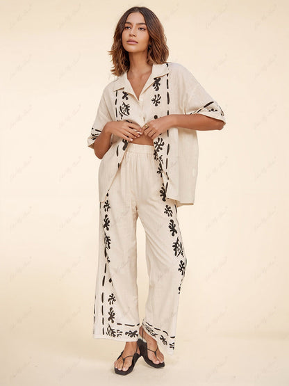 Black Printed Cream Wide Leg Pants