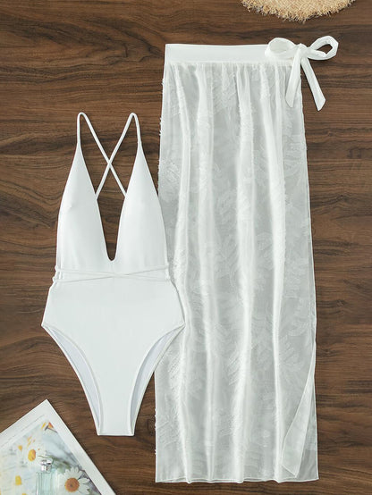 One-Piece White Sexy Backless Swimsuit with Bohemian Long Skirt