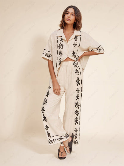 Black Printed Cream Wide Leg Pants