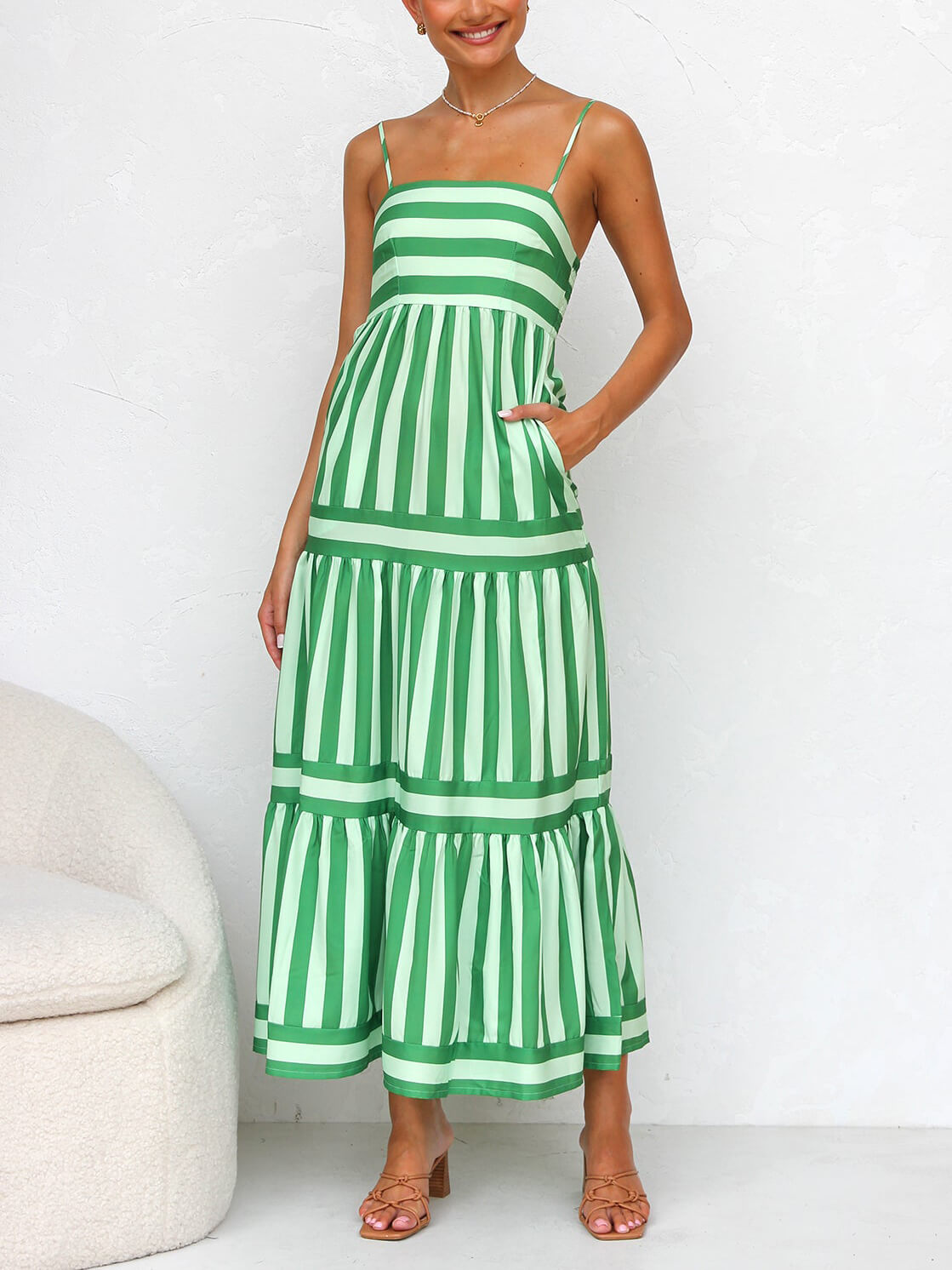 Suspender Open Back Striped Positioning Print Pocket Midi Dress