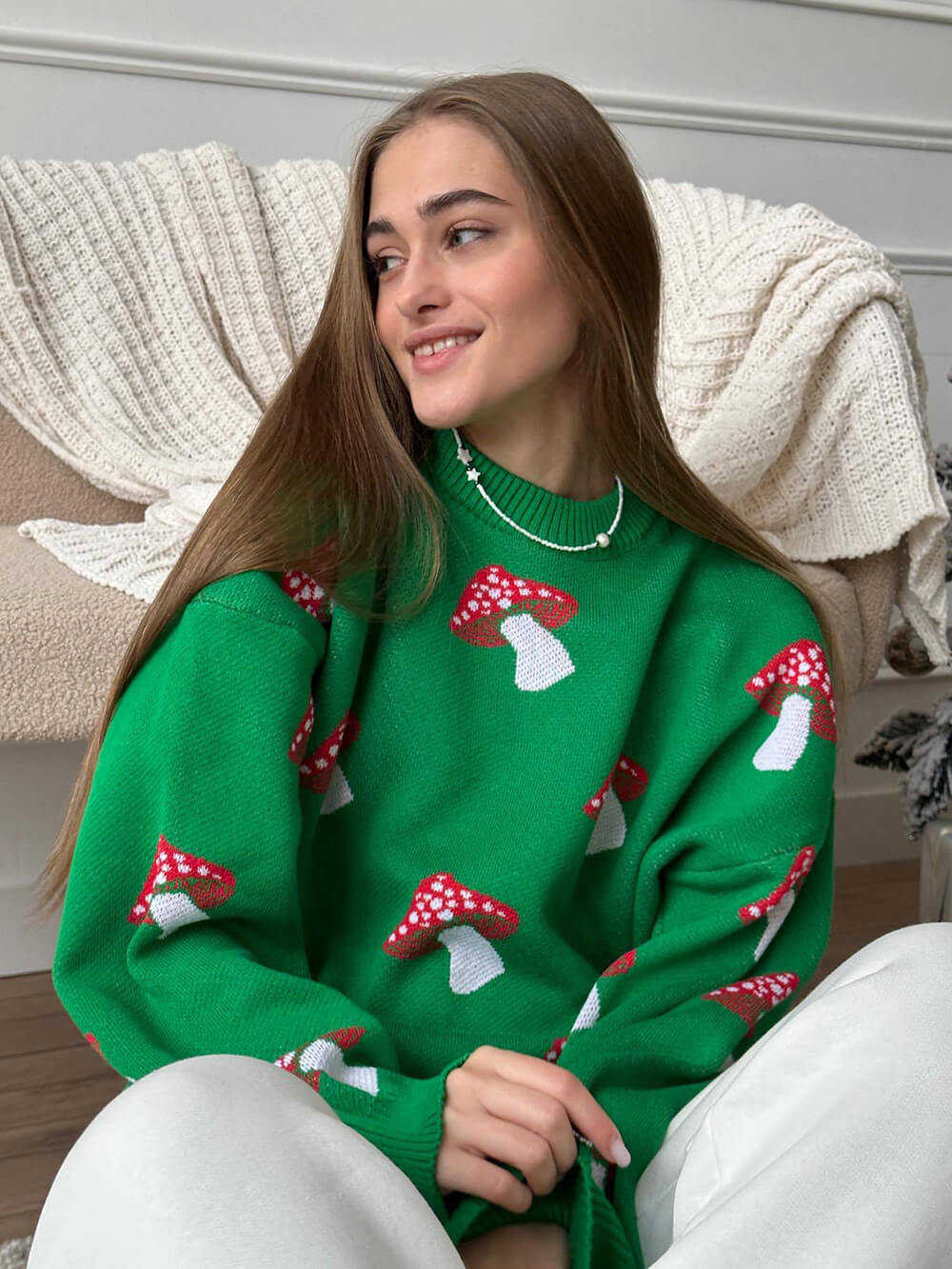 Mushroom Pattern Contrast Pullover Sweater