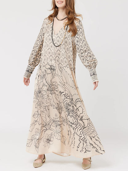 Delicate Floral Print Long-Sleeved Midi Dress