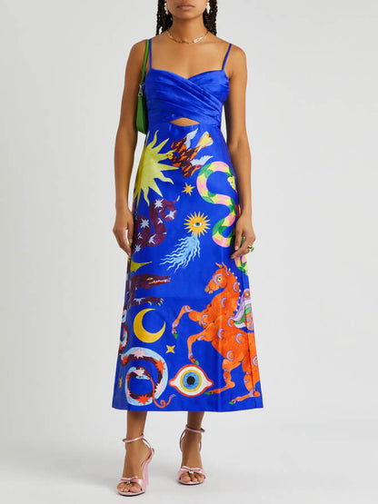 Summer Sexy Satin Backless Printed Sleeveless Midi Dress