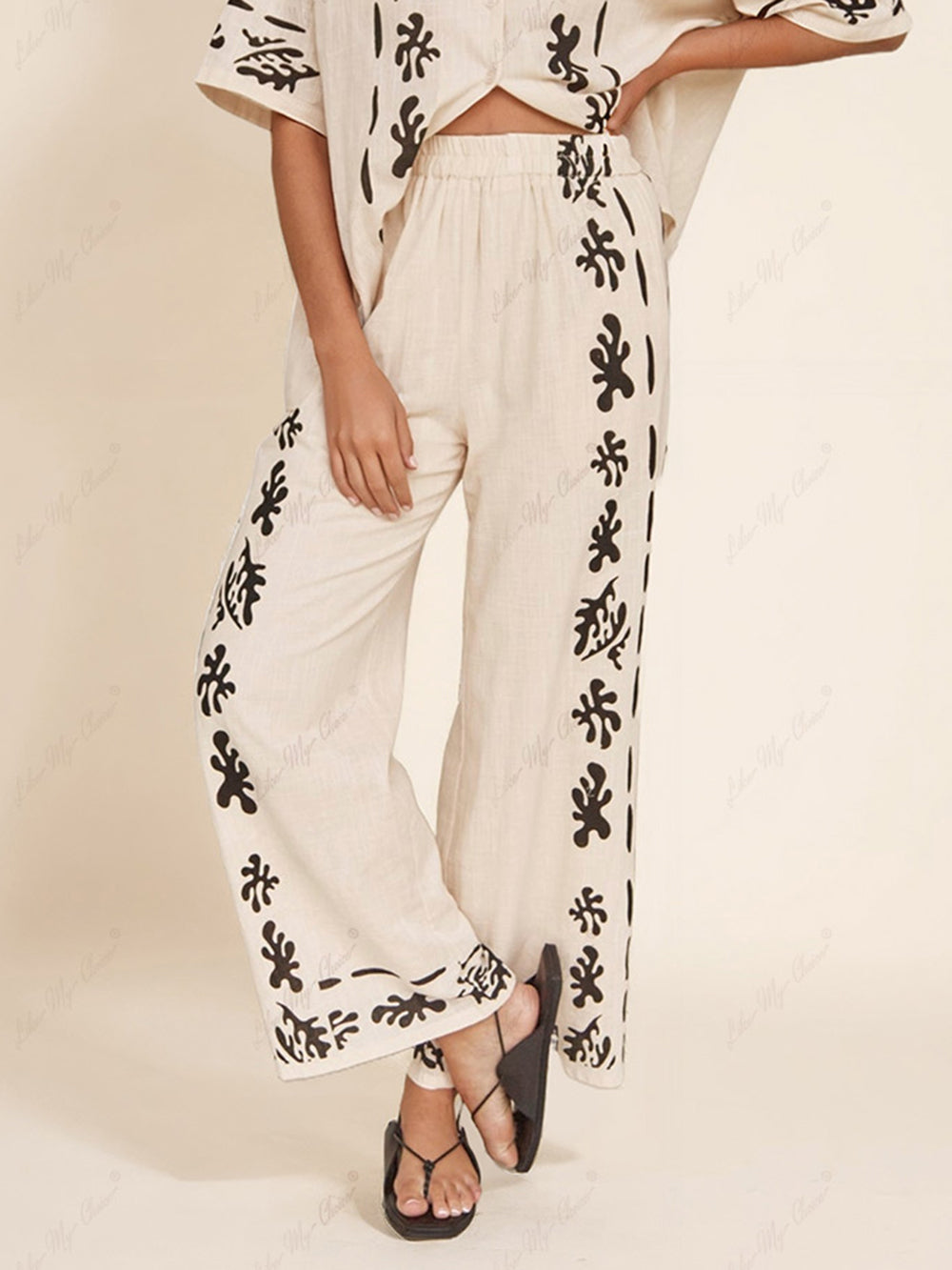 Black Printed Cream Wide Leg Pants