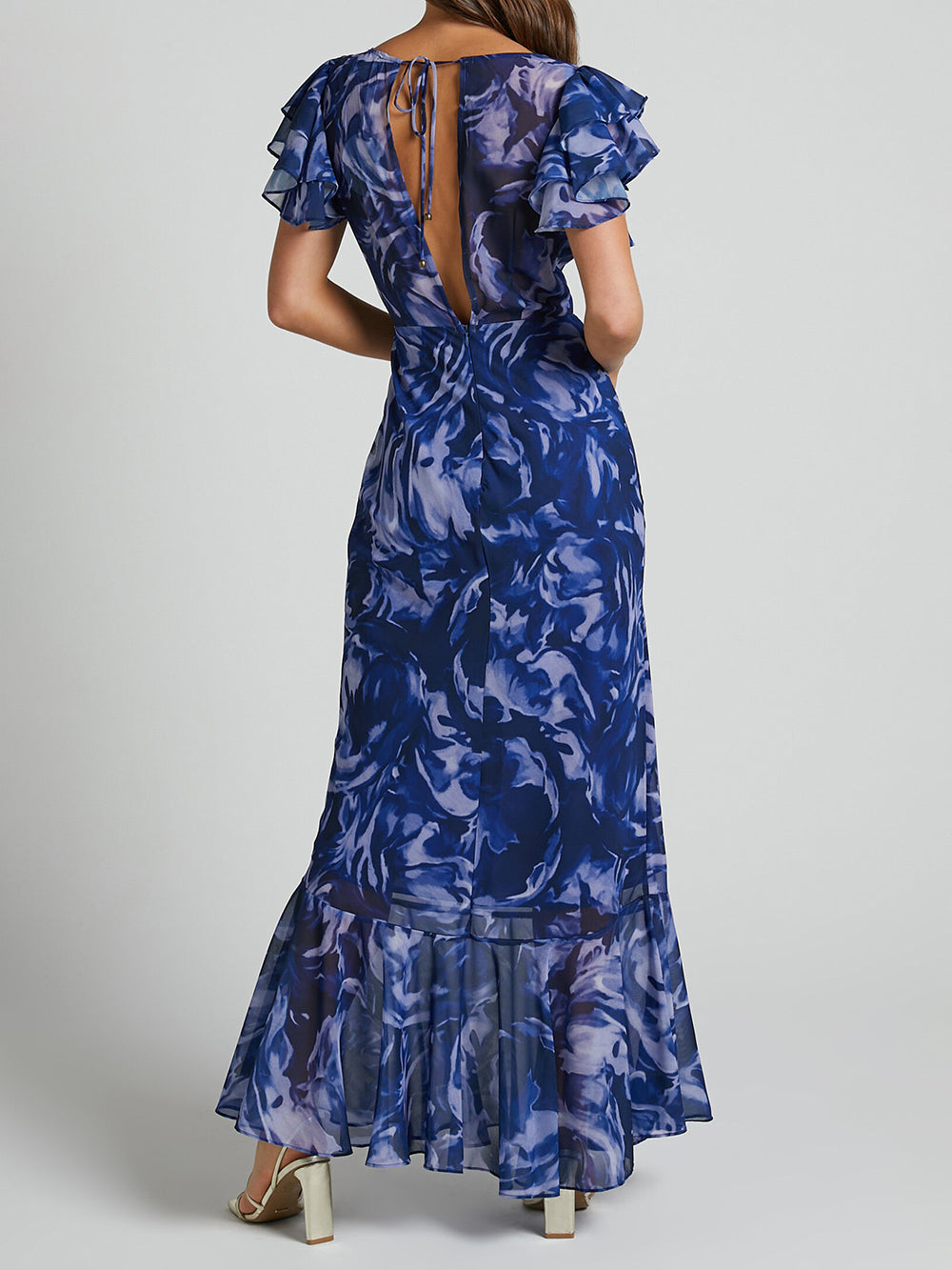 V-Neck Flutter Sleeve Maxi Dress In Navy Swirl