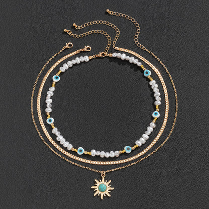 Ethnic Style Special-Shaped Faux Pearl Bead Necklace Vintage Turquoise Sun Eye Necklace