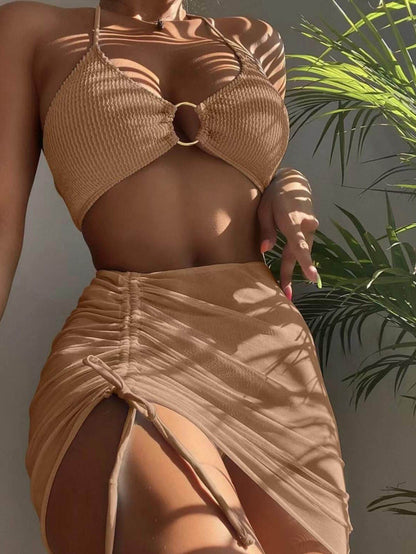 Solid Color Sexy Halterneck Three-Piece Swimsuit Bikini