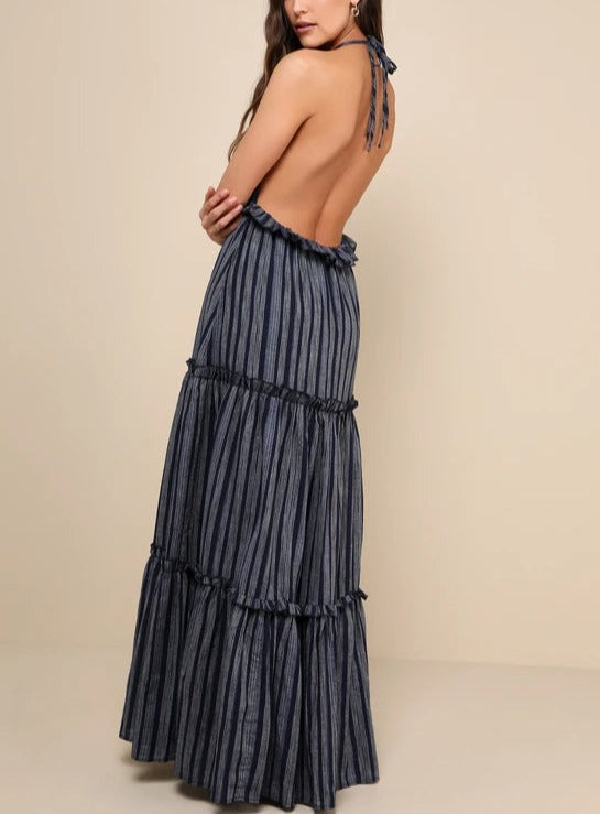 Vacay Babe Navy Blue Striped Halter Maxi Dress