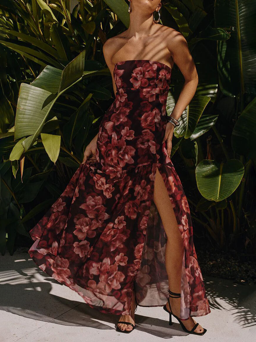 Floral Tube Top High Slit Midi Dress