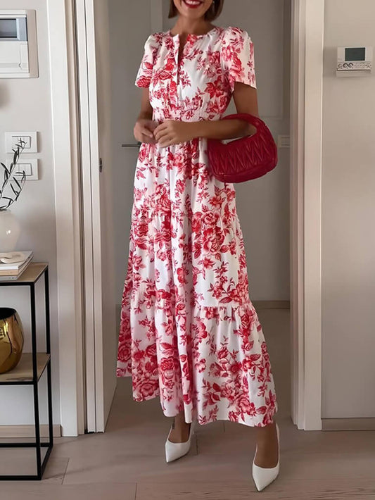 Unique Floral Print V-Neck Short-Sleeved Midi Dress