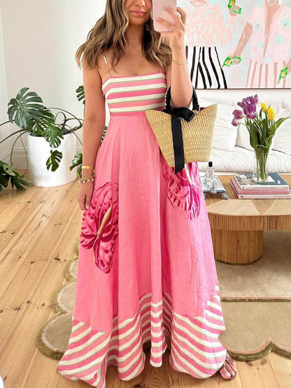 Floral Print Paneled Striped Suspender Maxi Dress