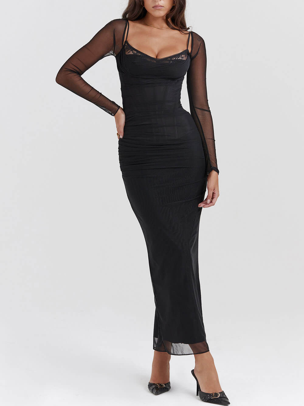 Black Backless Bodycon Suspender Maxi Dress