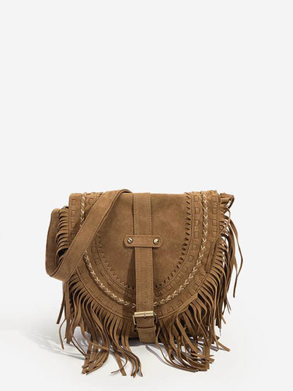 Faux Suede Fringed Buckle Decorated Bag