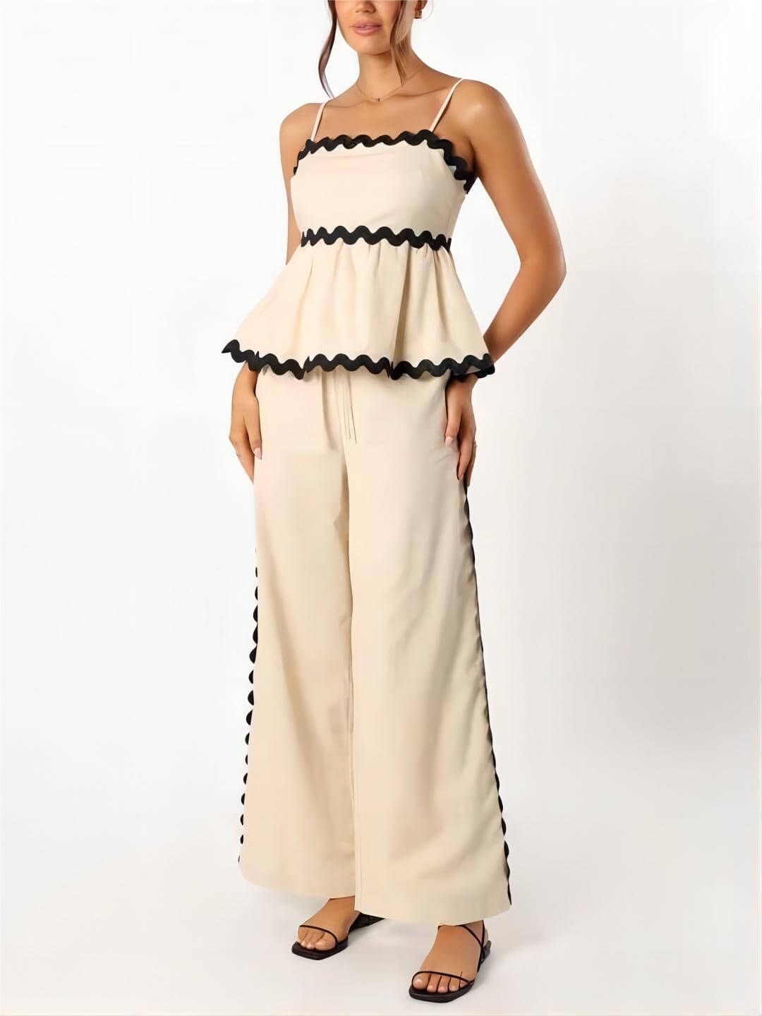 Sleeveless Loose Plain Two-Piece Wavy Lace Wide-Leg Pants Set