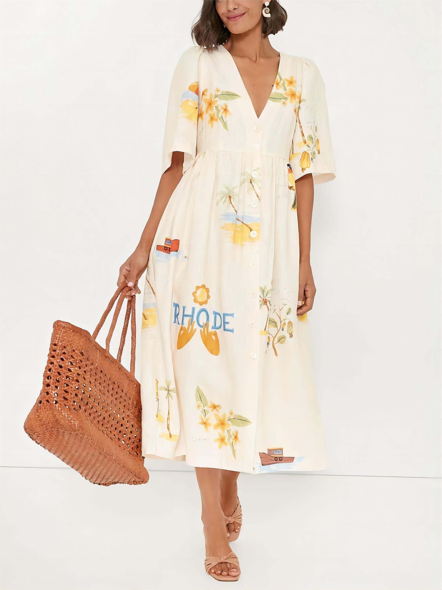 Unique Holiday Folk Floral Print Puff Sleeve Midi Dress