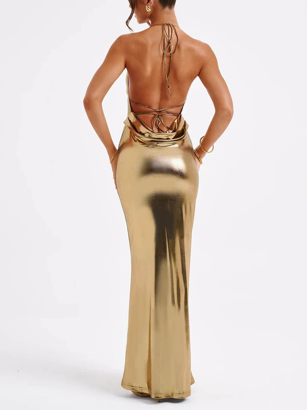 Spring Swing Collar Glossy Metallic Backless Maxi Dress